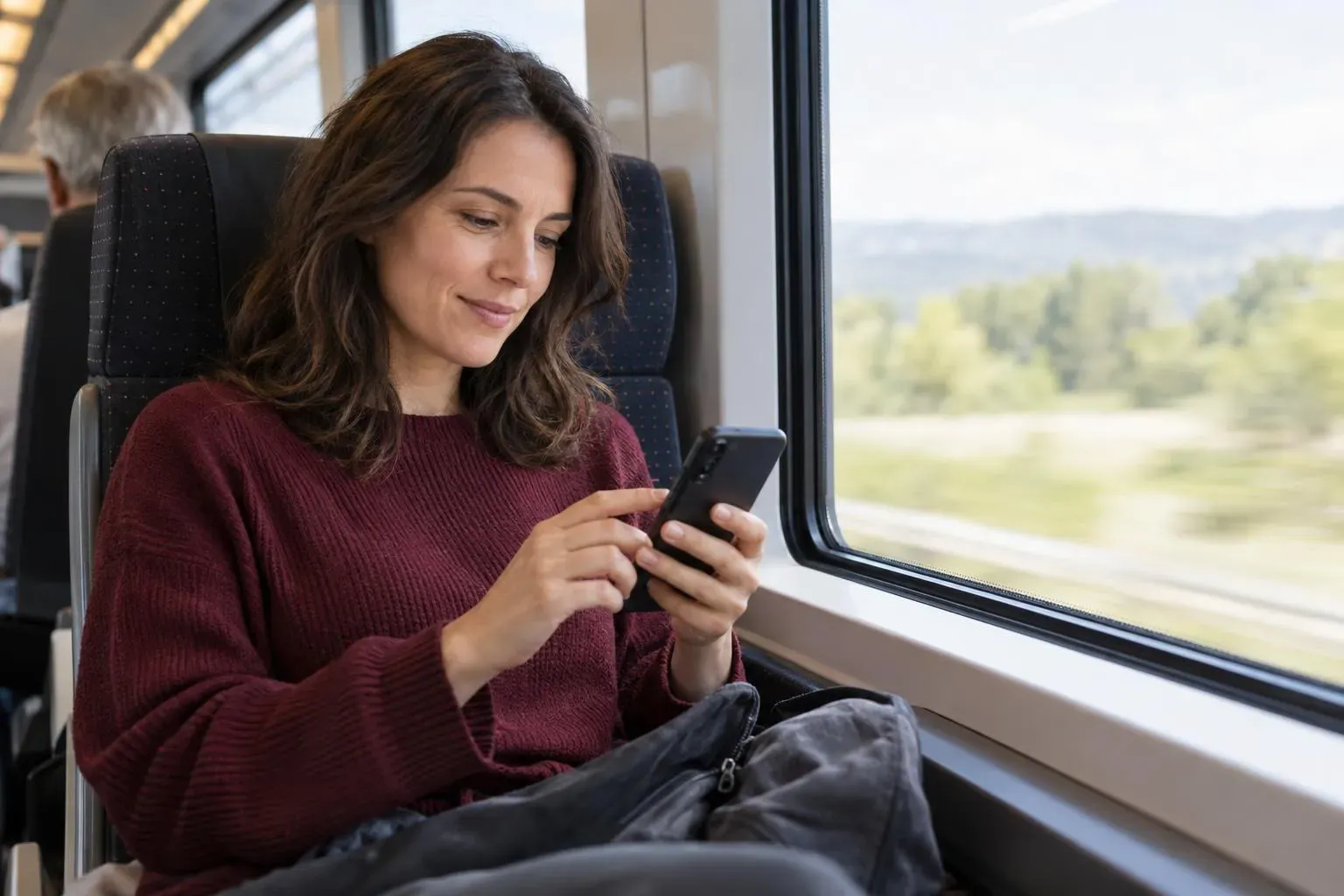Frau nutzt ihr Smartphone im Zug