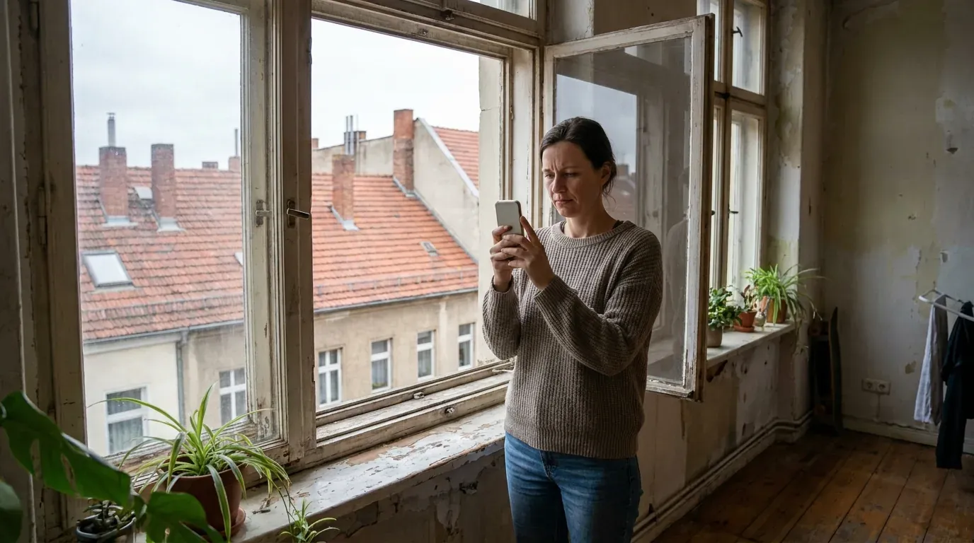 Frau prüft am Fenster den Empfang ihres Smartphones