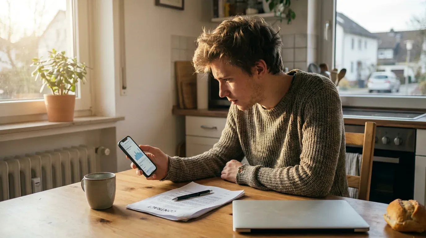 Mann prüft am Küchentisch den Datenverbrauch auf seinem Smartphone